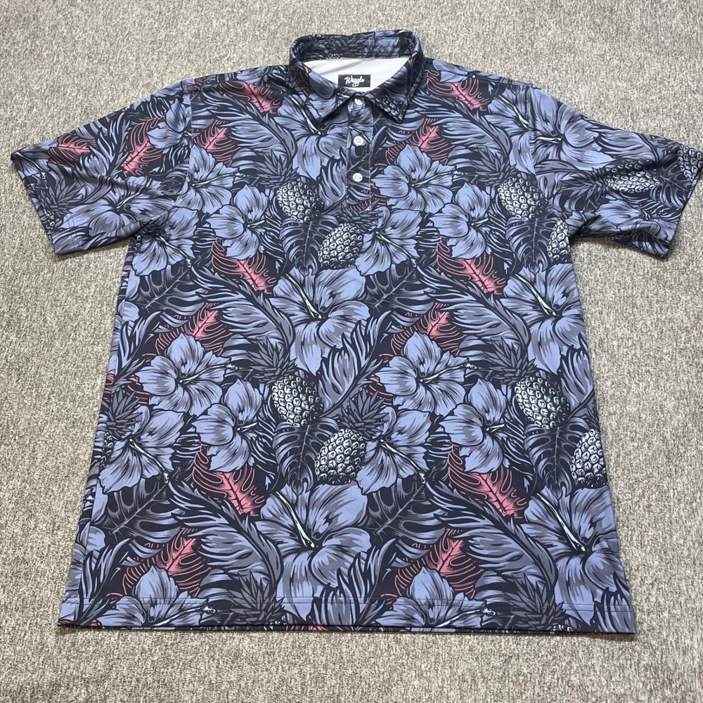 Waggle "Tropic Twilight"Mens Golf Polo Shirt Large Grey Floral Performance - Picture 2 of 9